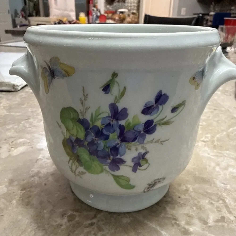 Vignaud Limoges France Hand Decorated Porcelain Planter Cachepot Violets